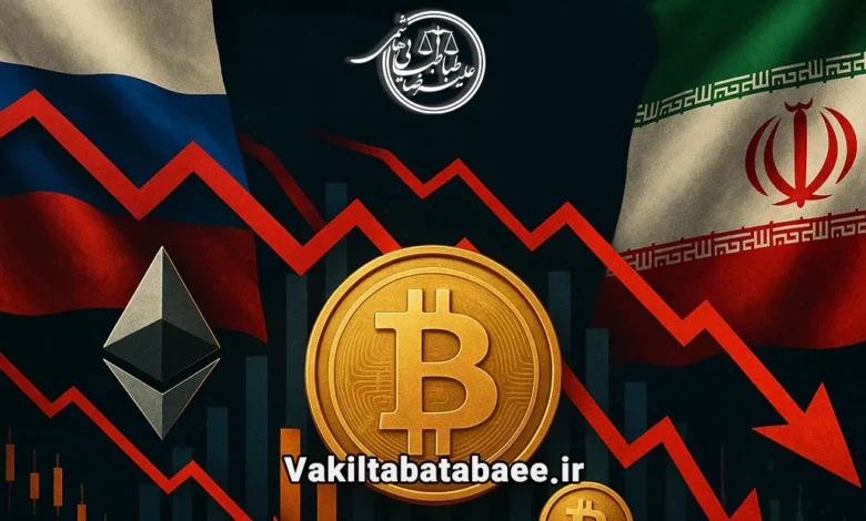 نمودار نزولی پرچم ایران و روسیه دور زدن تحریم با ارز دیجیتال بیت کوین
