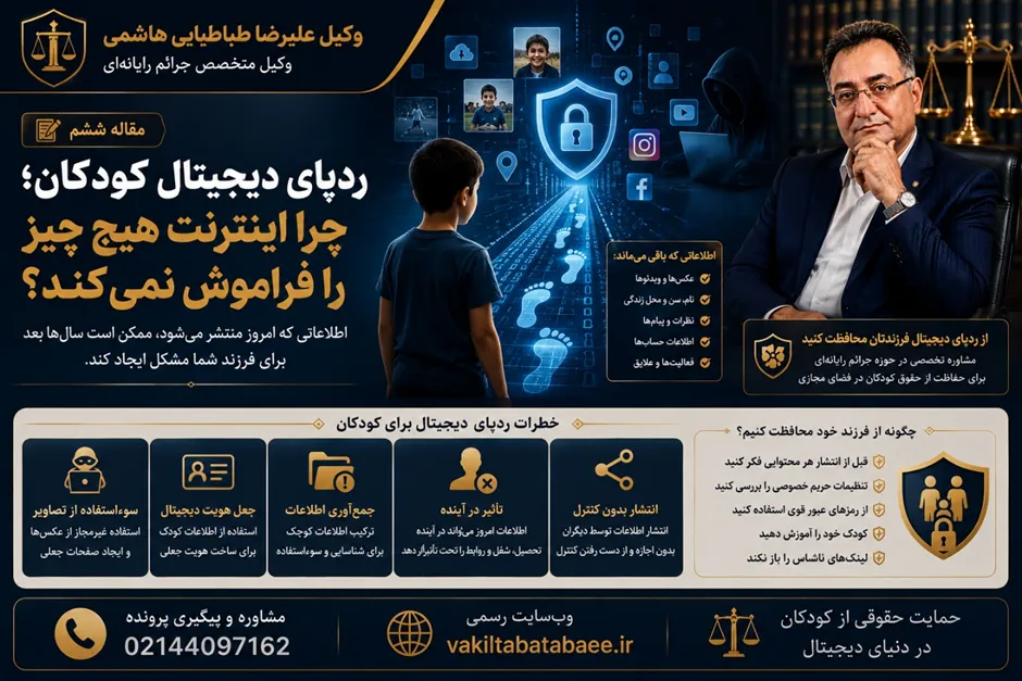 وکیل علیرضا طباطبایی هاشمی متخصص جرائم رایانه‌ای و حفاظت از هویت دیجیتال کودکان انتشار اطلاعات کودک در فضای مجازی ردپای دیجیتال کودکان