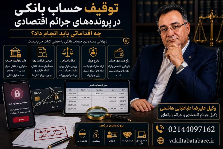 توقیف حساب بانکی در پروندههای جرائم اقتصادی؛ چه اقداماتی باید انجام داد؟ علیرضا طباطبایی هاشمی وکیل جرائم اقتصادی
