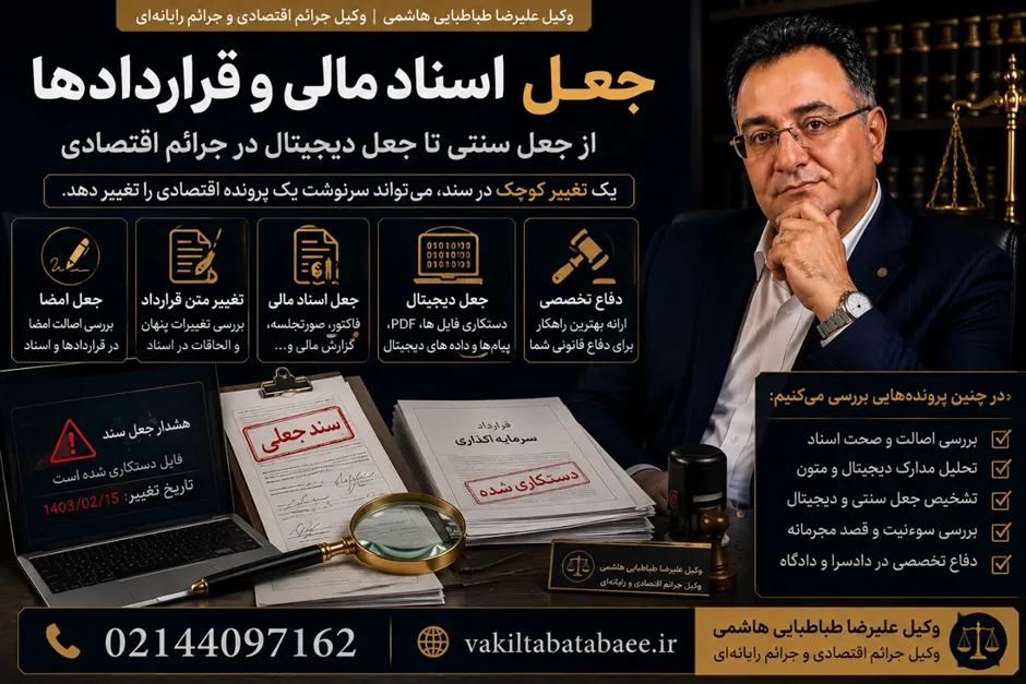 جعل اسناد مالی و قراردادها؛ از جعل سنتی تا جعل دیجیتال علیرضا طباطبایی هاشمی وکیل جرائم اقتصادی و جرائم رایانهای نحوه مشاوره درباره جرم جعل اسناد مالی