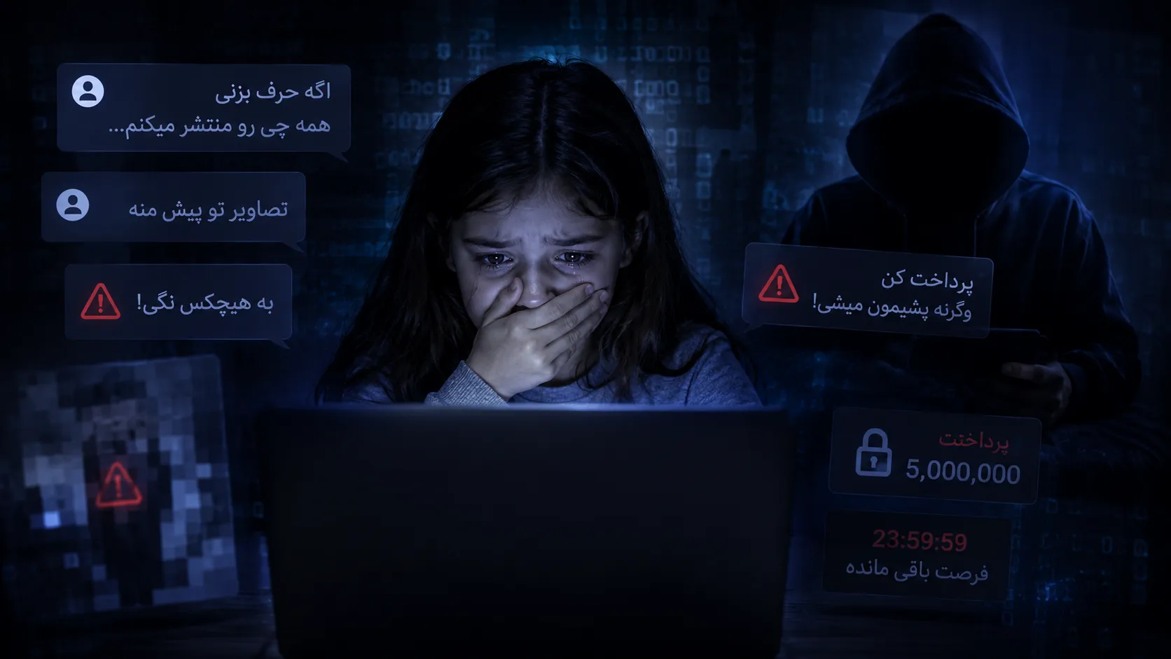 تصویر مفهومی و سینمایی از تهدید و اخاذی اینترنتی علیه کودک در فضای مجازی وکیل جرائم رایانه‌ای کودکان