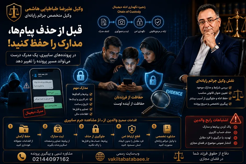طباطبایی وکیل جرائم رایانه‌ای در بررسی و حفظ ادله دیجیتال جرائم سایبری علیه کودکان حفظ مدارک جرم سایبری کودک
