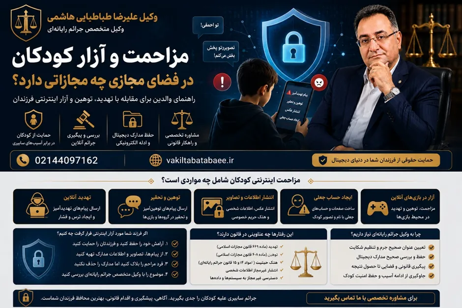 مزاحمت و آزار کودکان در فضای مجازی چه مجازاتی دارد؟ + راهنمای قانونی والدین مشاوره حقوقی شکایت از مزاحمت اینترنتی کودک و آزار آنلاین کودکان وکیل علیرضا طباطبایی