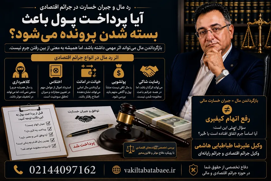 رد مال و جبران خسارت در جرائم اقتصادی؛ آیا پس دادن پول باعث رفع اتهام و بسته شدن پرونده میشود؟ وکیل جرائم اقتصادی در بررسی پرونده رد مال